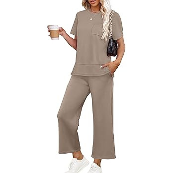 OFEEFAN Women's Lounge Sets Fashion Outfits Wide Leg Loungewear Side Slit Tracksuit for Vacation ... | Amazon (US)