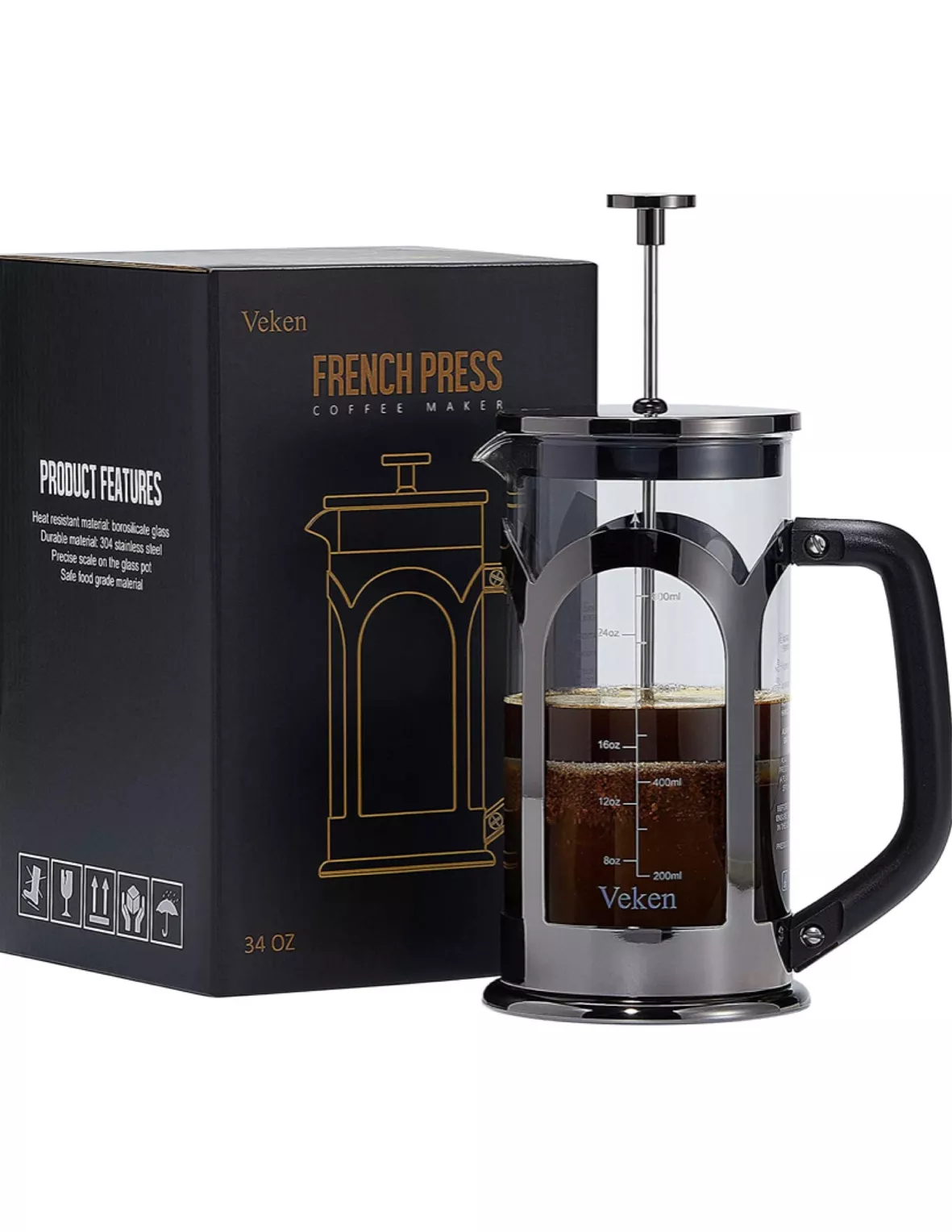 Veken French Press Coffee & Tea Maker, 304 Stainless Steel Heat