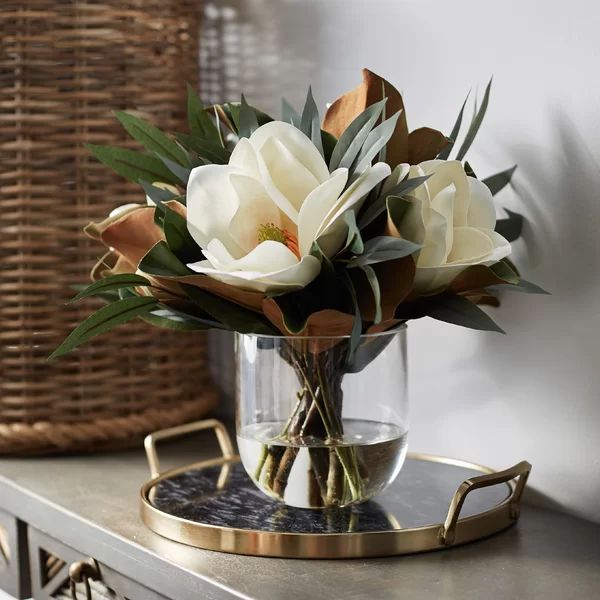 Large Real Touch White Magnolia & Eucalyptus Arrangement In Rounded Glass Vase | Wayfair North America