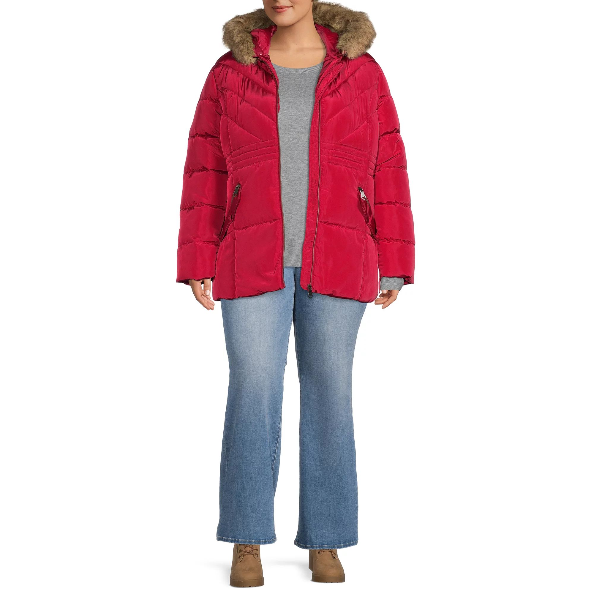 Big Chill Women's Plus Size Quilted Puffer Jacket with Faux Fur Trim Hood | Walmart (US)