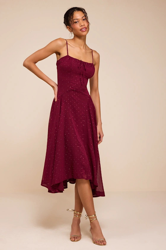 Arianna Burgundy Clip Dot Lurex Midi Dress | Lulus