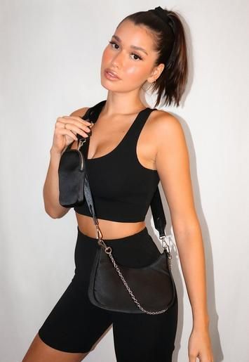 Black Satin Cross Body Double Bag | Missguided (US & CA)