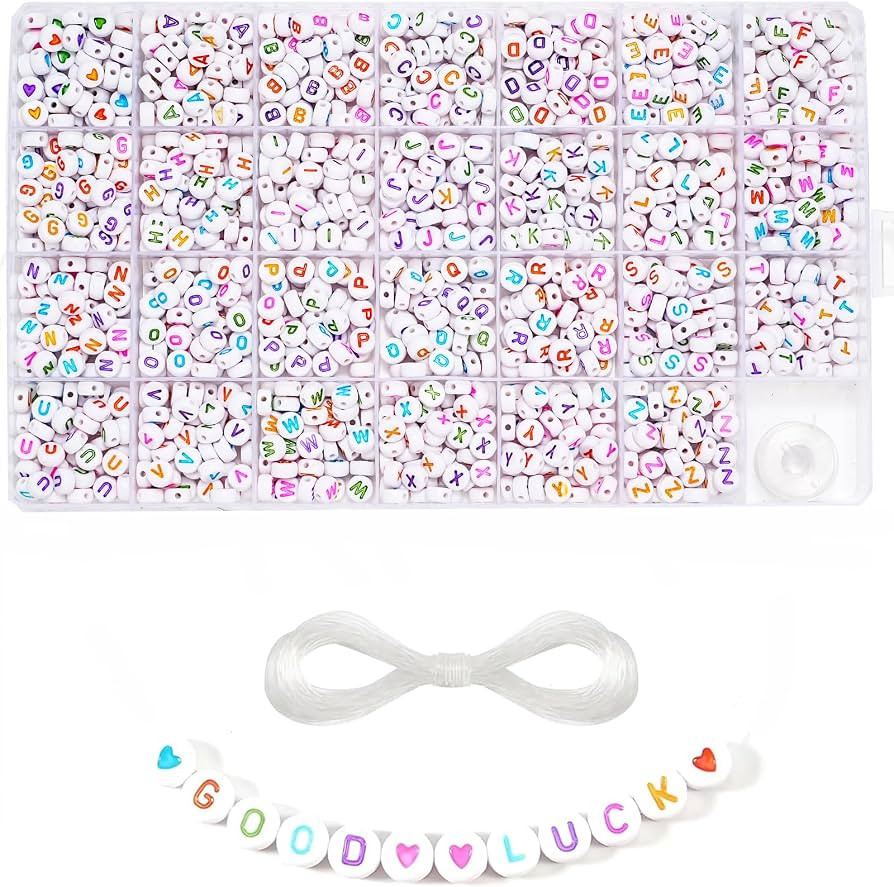 1400 Pieces 4x7mm White Round Acrylic Alphabet Letter Beads A-Z Heart Pattern Beads and Crystal L... | Amazon (US)