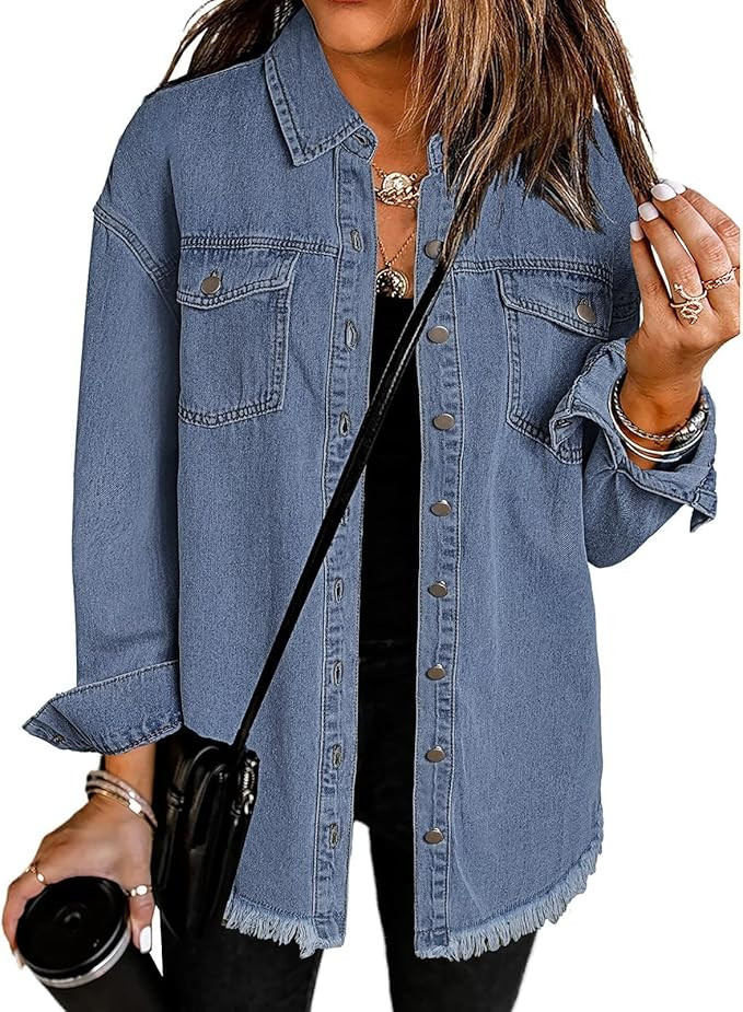 Vetinee Women’s Oversized Button Up Frayed Hem Shacket Long Sleeve Pockets Denim Jean Jacket | Amazon (US)