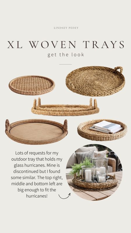 Lots of requests for my outdoor tray that holds my glass hurricanes. Mine is discontinued but I found some similar. The top right, middle and bottom left are big enough to fit the hurricanes!

Outdoor decor, coffee table decor, tray, woven, seagrass, rattan, studio McGee, mcgee and xo, Ballard’s designs, pottery barn, spring, summer, serving tray 

#LTKHome #LTKSeasonal