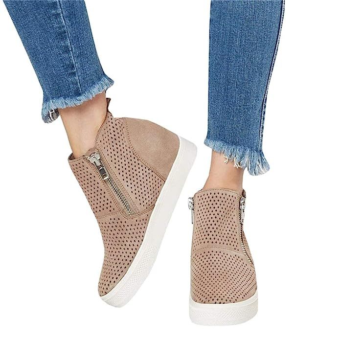 LAICIGO Women’s Platform Sneakers Hidden Wedges Side Zipper Faux Suede Perforated Ankle Booties | Amazon (US)