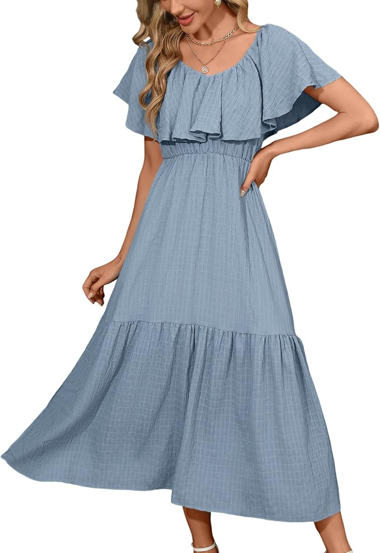 Shermia Women's Casual Ruffle Short Sleeve V Neck Maxi Dresses Flowy Boho Beach Cocktail Long Dre... | Amazon (US)