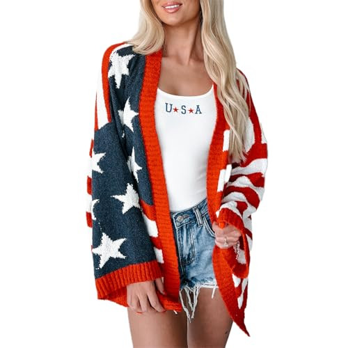 KMBANGI Womens American Flag Knit Cardigan Long Sleeve Open Front Patriotic Sweater Loose Oversiz... | Amazon (US)