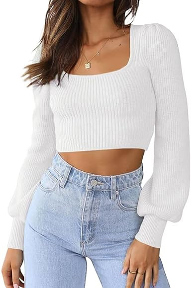 LACOZY Women's 2025 Fall Long Sleeve Cropped Sweater Trendy Square Neck Shirts Ribbed Knit Pullov... | Amazon (CA)
