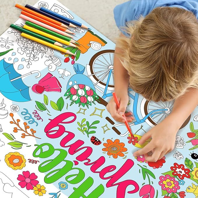 ZOIIWA Hello Spring Giant Coloring Poster for Kids Spring Coloring Books Large Coloring Tableclot... | Amazon (US)