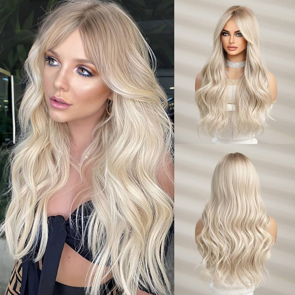 Esmee Long Curly Blonde Wig for Women Synthetic Hair with Bangs Wave Wigs with Dark Roots Daily C... | Amazon (US)