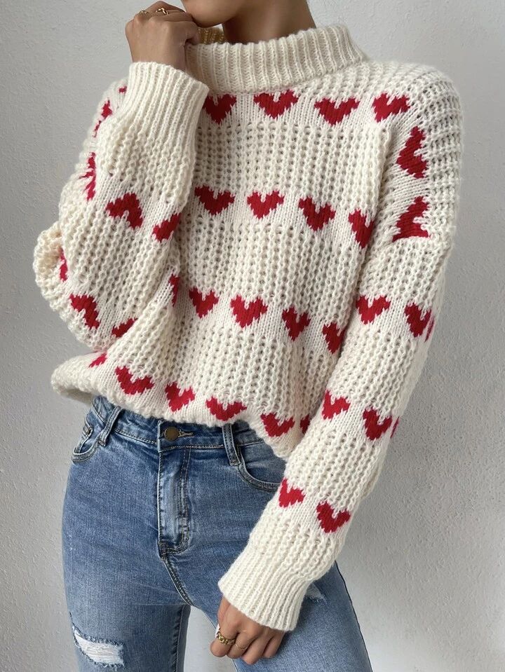 SHEIN Qutie Heart Pattern Drop Shoulder Sweater | SHEIN