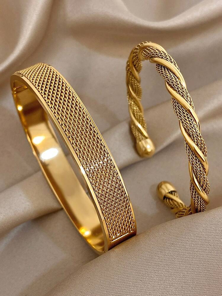 18K Gold Plated Stainless Steel Vintage Luxury Woven Twist Bangle Bracelet Jewelry Set For Women, Daily Party Mother Day Valentine Music Festival Jewelry Gifts | SHEIN
