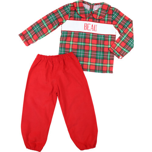 Red And Green Plaid Custom Smocked Ankle Pant Set | Cecil and Lou