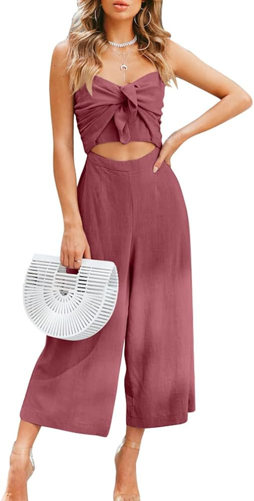 DAAWENXI Women Sexy Summer Sleeveless Spaghetti Straps Tie Cutout Rompers Wide Leg Jumpsuits | Amazon (US)