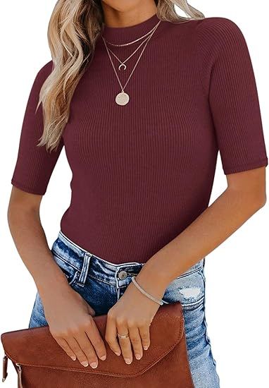 REORIA Women's Basic Mock Neck Half Sleeve Slim-Fit Leotards Tops Dressy Casual Ribbed Knit Bodys... | Amazon (US)