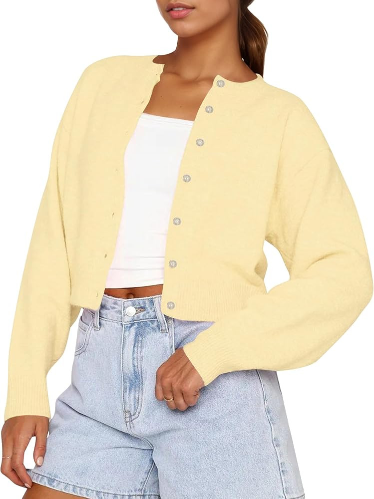 Cioatin Women Y2K Open Front Button Down Crop Sweater Cardigan Long Sleeve Lightweight Knit Pullo... | Amazon (US)