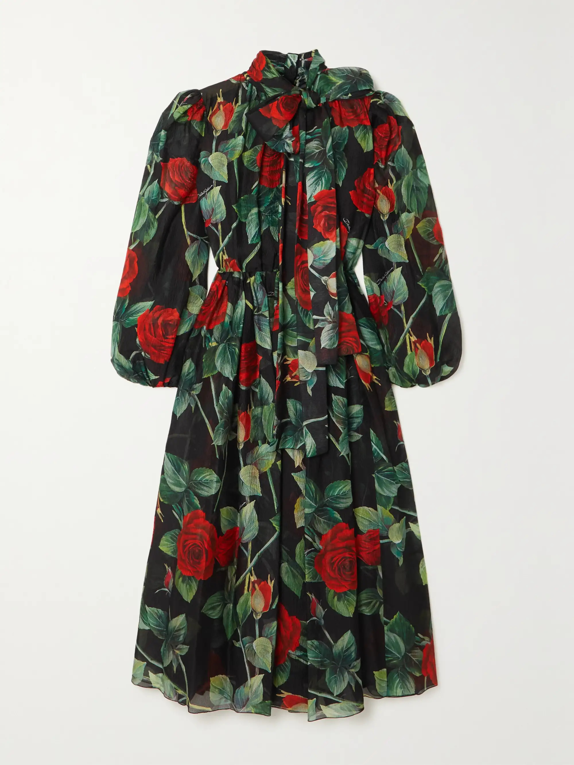 Pussy-bow gathered floral-print silk-georgette midi dress | NET-A-PORTER (US)