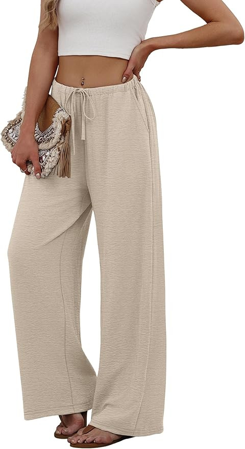 Sampeel Wide Leg Pants for Women Flowy Palazzo Drawstring Elastic Waist Trousers with Pockets Sum... | Amazon (US)