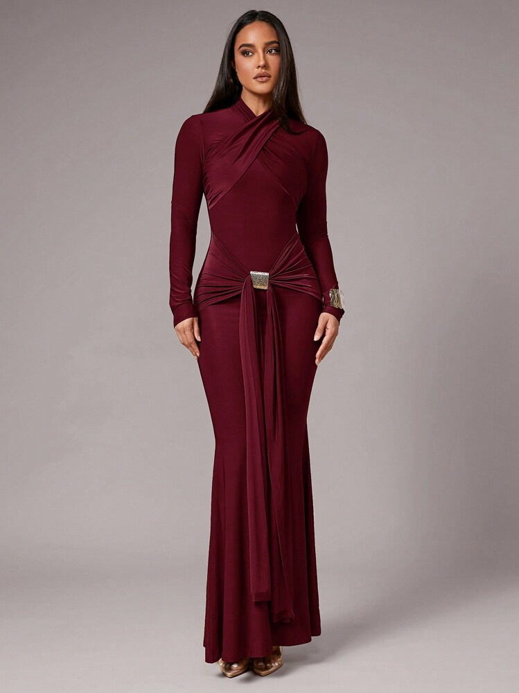 Silquee Women's Elegant Party Long Sleeve Overlap Design Dress, Front Slit, Metal Buckle Decor, Coffee Brown, Brown, Chocolate Brown, Stretchy Knit Fabric, Suitable For Cocktail Party, Romantic Date, Autumn/Winter Layering, Wedding, Bridesmaids, Formal Party, Halloween, Christmas | SHEIN