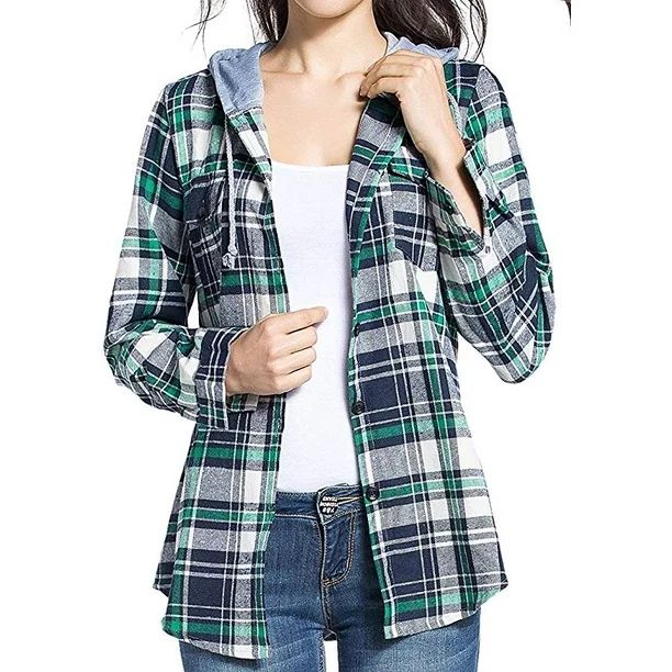 Women's Classic Plaid Cotton Hoodie Button-up Flannel Shirts - Walmart.com | Walmart (US)