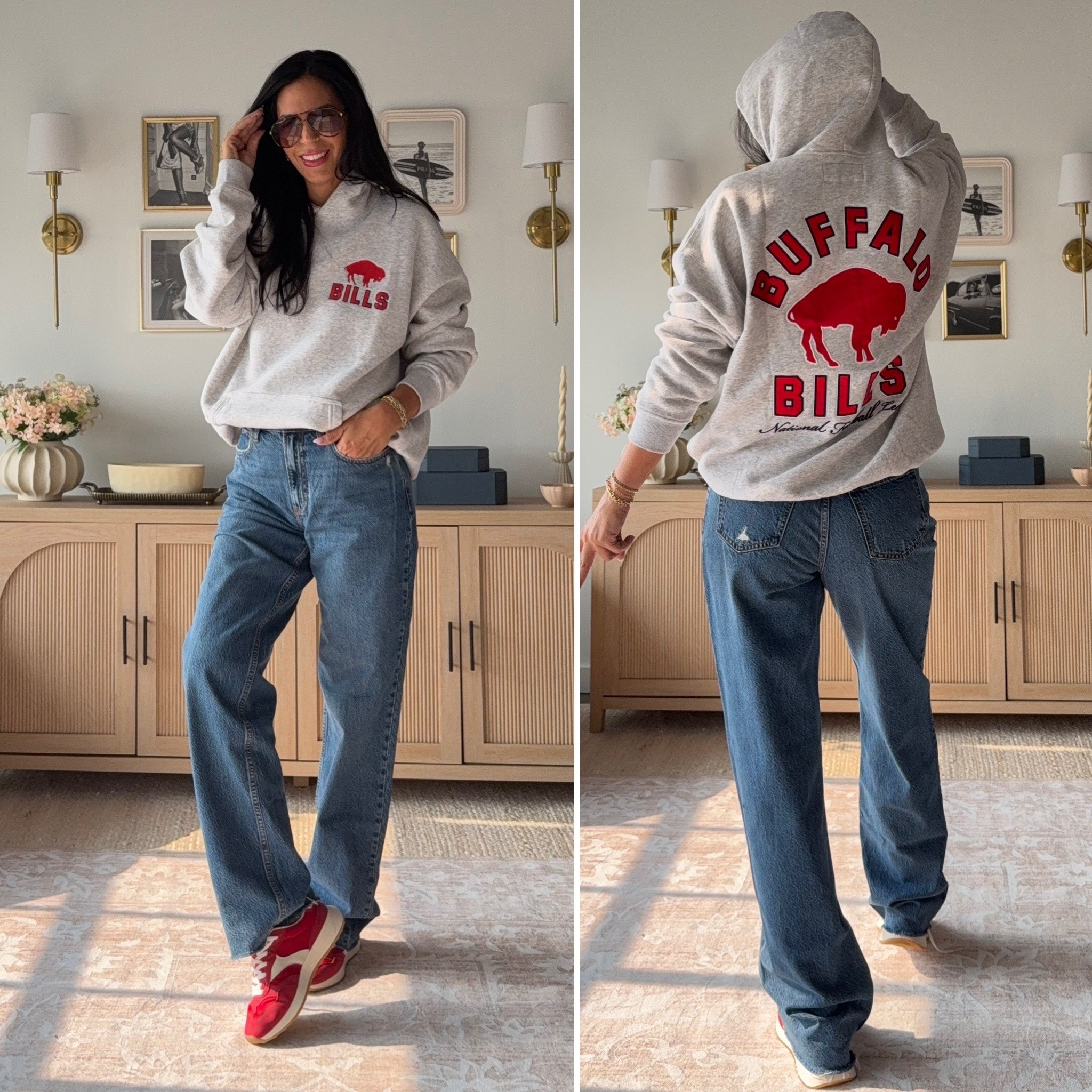 Code: DENIMAF
Buffalo Bills Fans- Abercrombies sweatshirts are my absolute favorite! 
Wearing a medium Tall- very oversized 

Loose high rise denim- 27 long (they run relaxed) 

Red designer look for less sneakers (tts) 

#LTKOver40 #LTKU #LTKSaleAlert