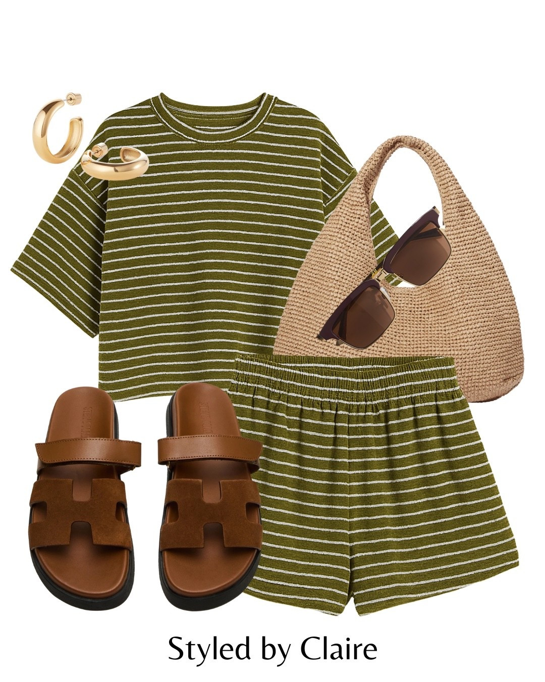 Khaki stripe toweling set❤️‍🔥
Tags: tshirt shorts set loungewear Steve Madden sandals suede brown strap Hermes dupe raffia bag H&M other stories sunglasses earrings fashion summer inspo outfit ideas poolside Dubai Barcelona beach city break exploring 

#LTKstyletip #LTKsummer