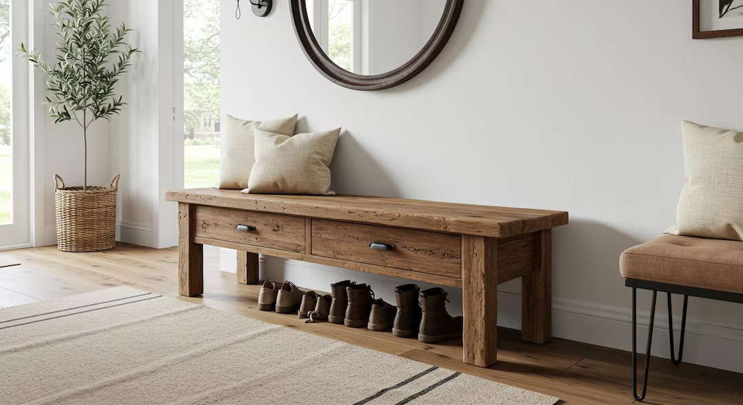 Handcrafted Entryway Bench With Drawer, Rustic Reclaimed Wood Bench, Farmhouse Hallway Seating Be... | Etsy (US)