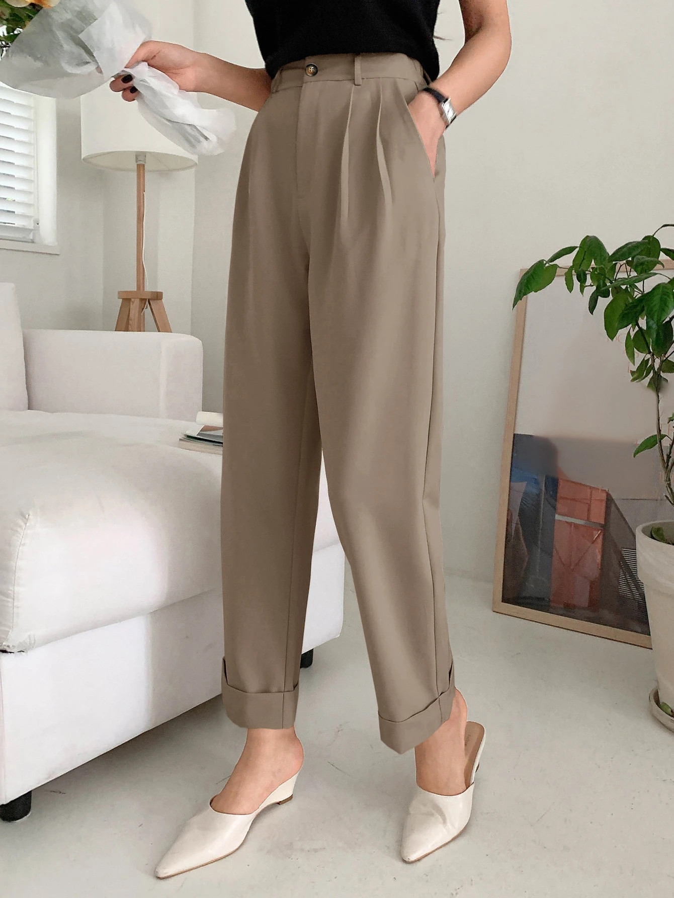 DAZY High Waist Plicated Detail Roll Hem Pants | SHEIN