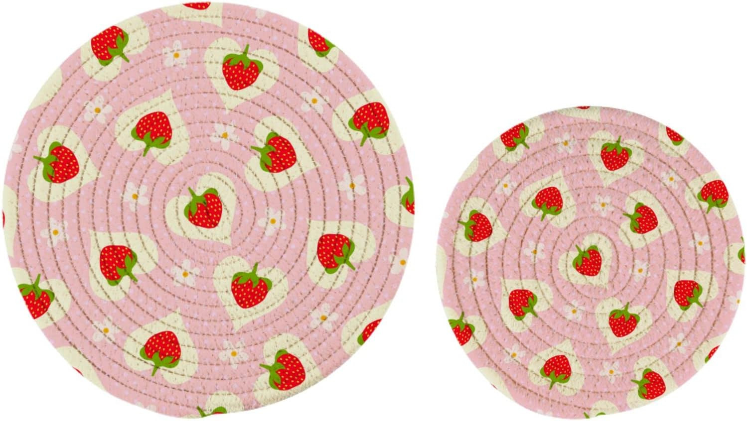 Naanle 2 Pack Sweet Cute Strawberry Hearts Floral Round Cotton Woven Pot Holders Trivets Set, 7 a... | Amazon (US)