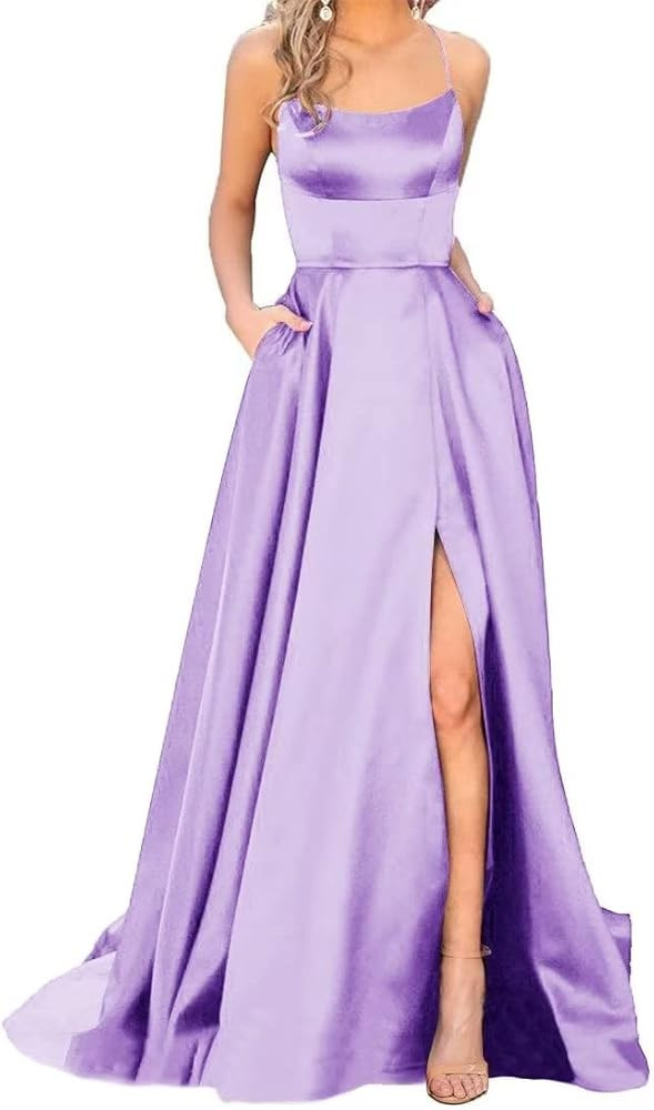 Women's Spaghetti Satin Long Side Slit Prom Dresses with Pockets | Amazon (US)