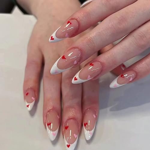 24Pcs Heart Press on Nails Almond Valentines Fake Nails Medium French Tip False Nail with Cute Hearts Designs Valentine Heart Nails Press ons Reusable Glossy Acrylic Nail for Women | Amazon (US)