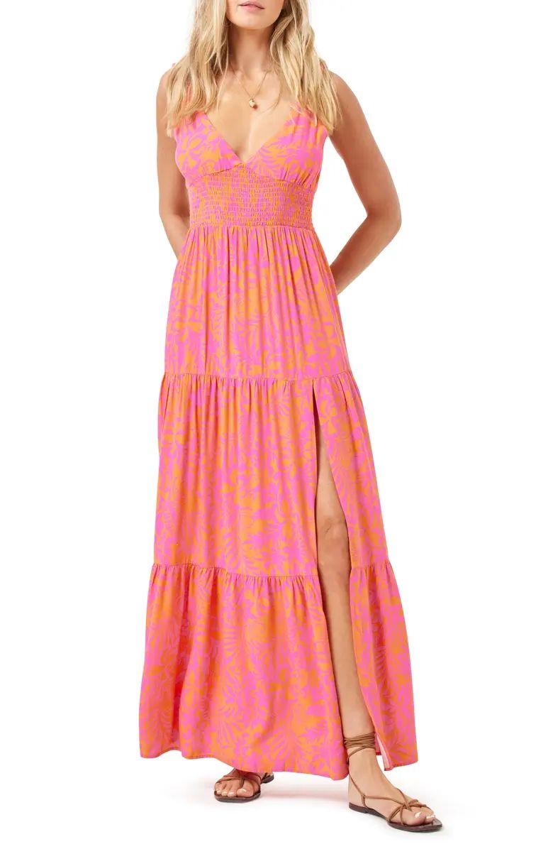 Lilikoi Floral Smocked Waist Tiered Cover-Up Maxi Dress | Nordstrom