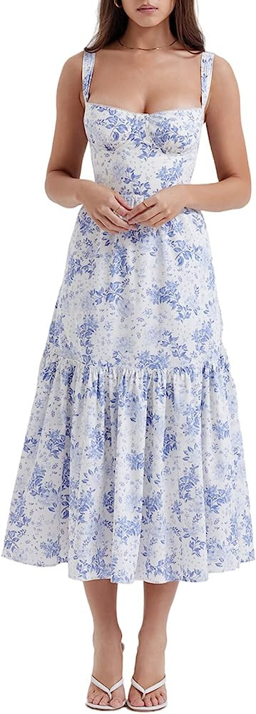 SOLILOQUY Women Floral Print Maxi Dress Elegant Low-Cut Puff Sleeve Backless Summer Casual Midi D... | Amazon (US)