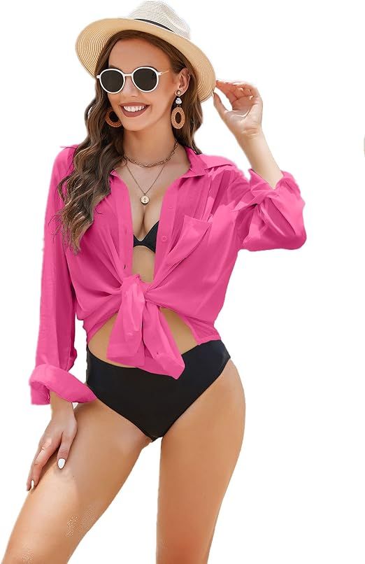 Hotouch Women Beach Swim Coverup Button Down Shirt Dress Swimsuit Bathing Suit Cover Up Beachwear | Amazon (US)