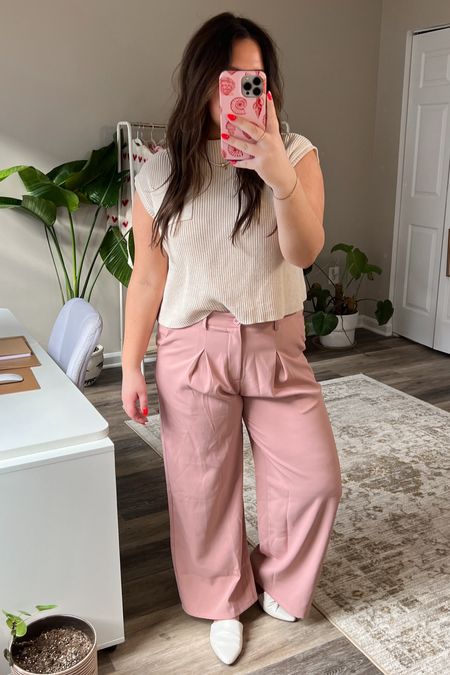 work outfit inspo for spring 🌸 pink trousers with a short sleeve sweater top 

#LTKworkwear #LTKmidsize