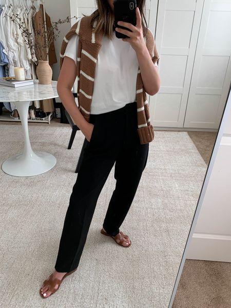 The new Kate pants from j.crew are amazing!!! The petite length is perfection. Cannot recommend these enough. 

Tee - Everlane medium
Trouser- J.Crew petite 0
Sandals - Hermès 35
Sweater - Jenni Kayne xs