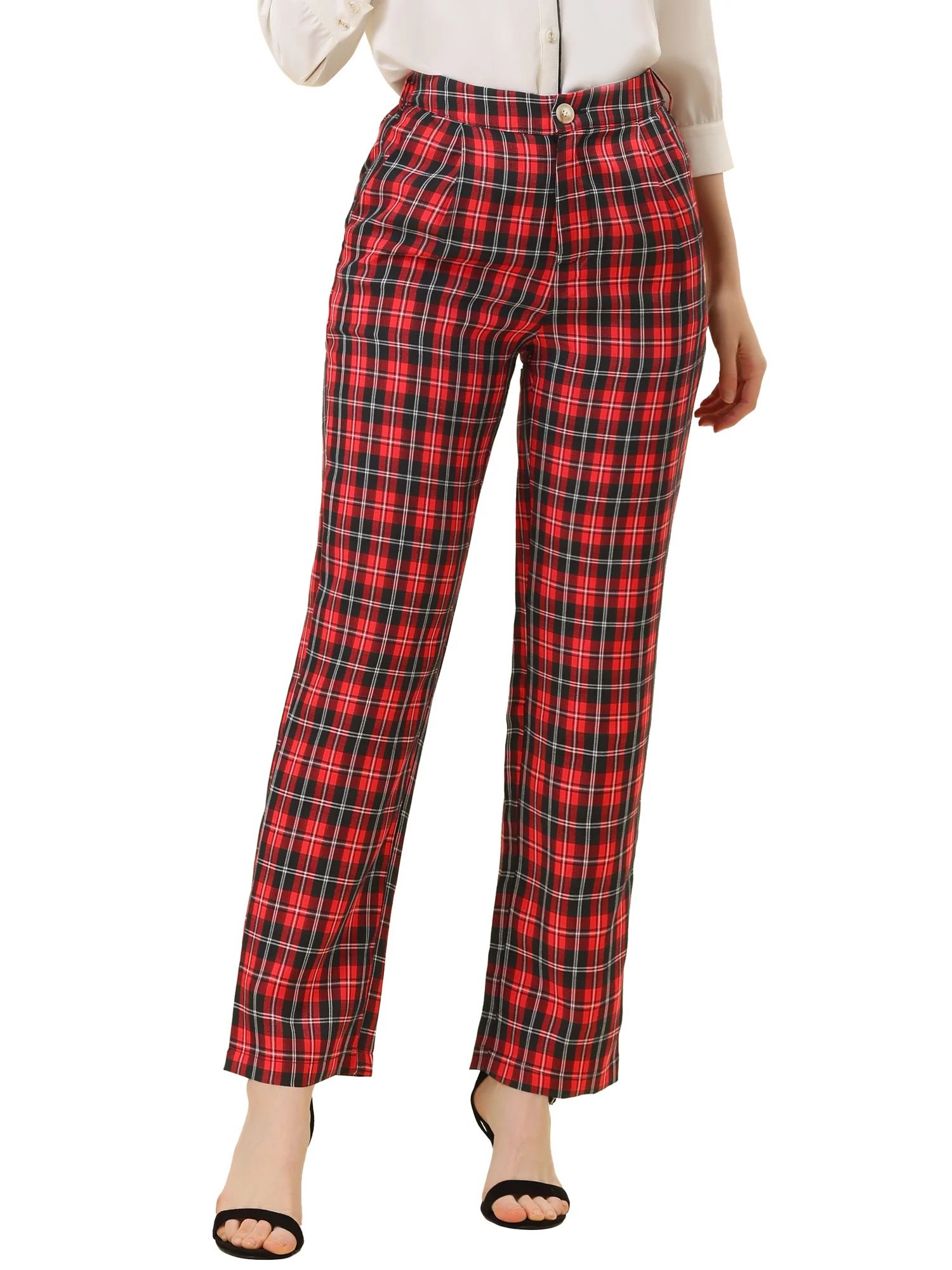 Unique Bargains Women's Christmas Plaid Trousers Pockets Straight Leg Casual Pant | Walmart (US)