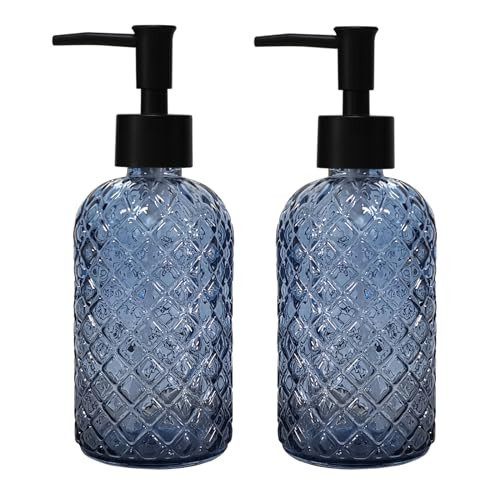 Blue Glass Dish Soap Dispenser for Kitchen, 12oz Refillable Liquid Hand Soap Dispenser Set, 2 Pack Crystal Lotion Bottle for Modern Home Decor, Bathroom Countertop, Hotel | Amazon (US)