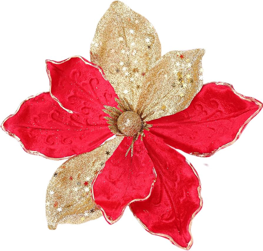 10" Large Christmas Poinsettia Flower Picks, 6pcs Glitter Christmas Tree Flower Decorations, Chri... | Amazon (US)