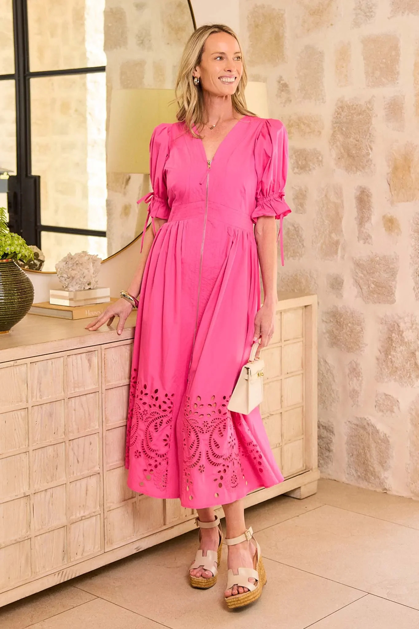 Emersyn Pink Eyelet Midi Dress | Avara