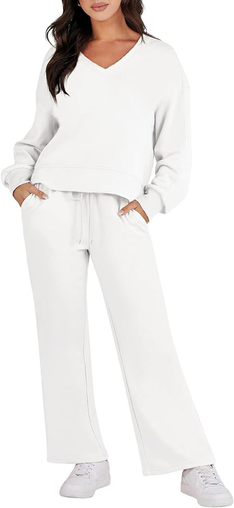 Caracilia Women's Two Piece Outfits Matching Sets Long Sleeve Pullover Tops and Wide Leg Pants Tr... | Amazon (US)