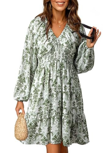 Dokotoo Boho Dresses for Women 2026 Spring Summer Long Sleeve V Neck Smocked High Waist Babydoll Mini Tunic Dress Casual Resort Wear A Line Swing Beach Short Sun Dress Sundress Army Green Small | Amazon (US)