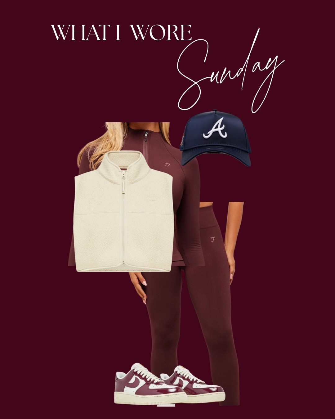 Maroon Gymshark set with cream sherpa vest from Aritzia. Satin Atlanta Braves hat from New Era and maroon patent Nikes. 

#LTKActive #LTKMidsize #LTKootd