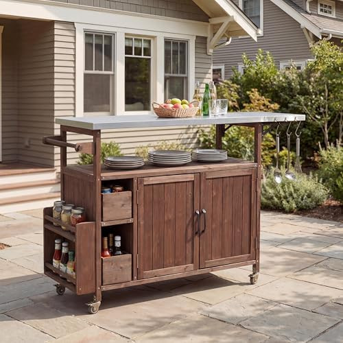 Christopher Knight Home Edsel Outdoor Bar Cart with Stainless Steel Top and Lockable Wheels, Soli... | Amazon (US)