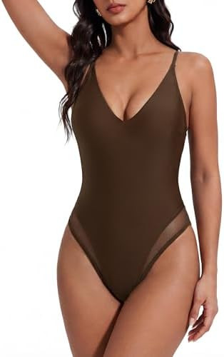 SUUKSESS Womens Tummy Control Bathing Suit V Neck Open Back One Piece Swimsuits | Amazon (US)