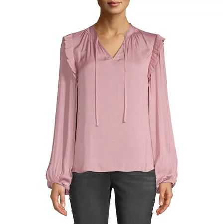 Scoop Satin Ruffle Shoulder Collar Tie Top Women's | Walmart (US)