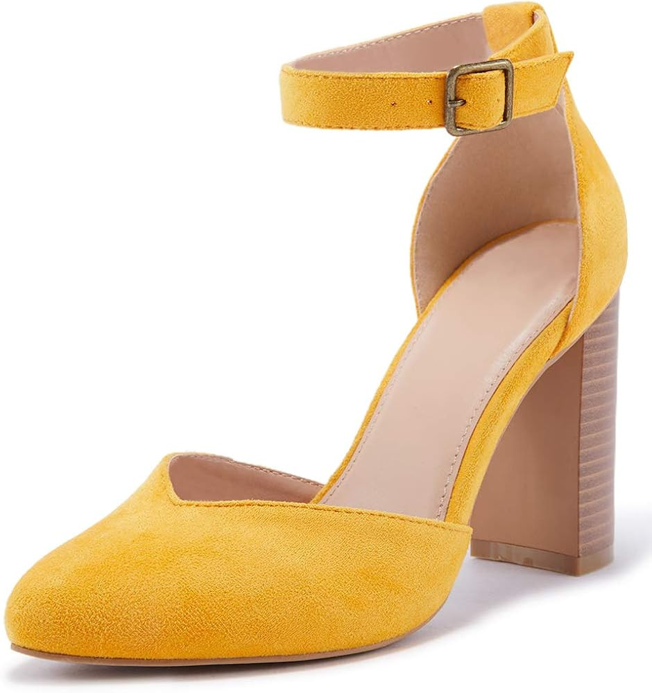 VETASTE Womens Chunky High Heel Pointed Toe Pumps Casual Ankle Strap Closed Toe Block Shoes | Amazon (US)