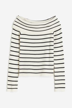 Rib-knit Off-the-shoulder Top - White/black striped - Ladies | H&M US | H&M (US + CA)