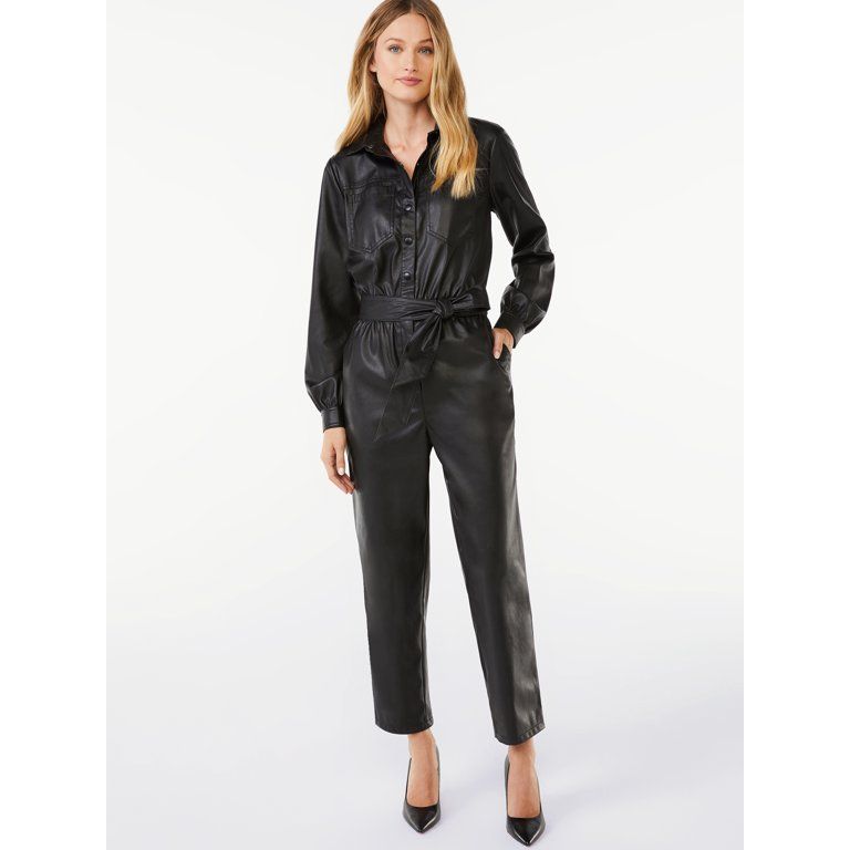 Scoop Women's Faux Leather Long Sleeve Jumpsuit | Walmart (US)